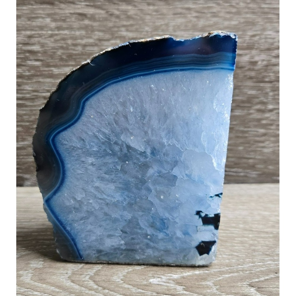 Blue Agate Geode Bookend Crystal Stone Quartz Cut Single Display Decor 4x3"